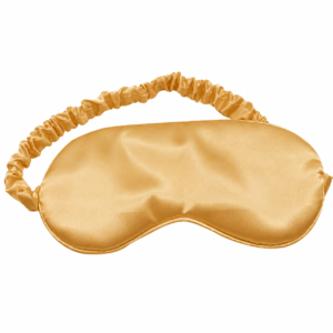 Gold satin sleep mask with a gathered elastic strap for comfortable wear