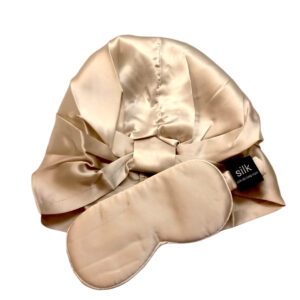 Sleep Well Set, mătase Mulberry - Bonetă Fashion Turban + Mască ochi pentru somn, Champagne