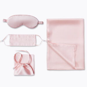 Luxury Silk Night Set, mătase Mulberry, Față de pernă + Mască ochi pentru somn + Mască protecție față, Baby Pink