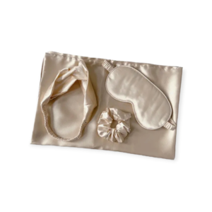 Extra Luxury Silk Set, mătase Mulberry - Față de pernă + Mască ochi pentru somn + Elastic păr+ Bentita păr, Champagne