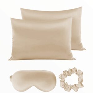 Extravaganza Silk Set, mătase Mulberry - 2 Fețe de pernă + Mască ochi pentru somn + Elastic păr, Champagne