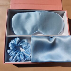 Extra Sleep Set Baby Blue, mătase Mullbery – Față de pernă + Mască ochi pentru somn + Elastic păr