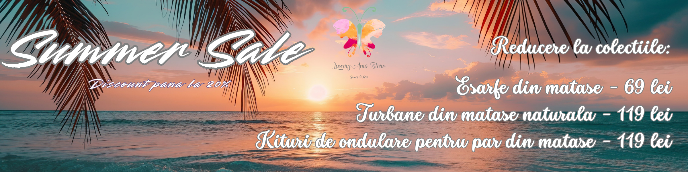 Sunset beach banner advertising a Summer Sale: large script 'Summer Sale' on the left, Romanian discount prices on the right, palm fronds framing the scene with a logo in the center.