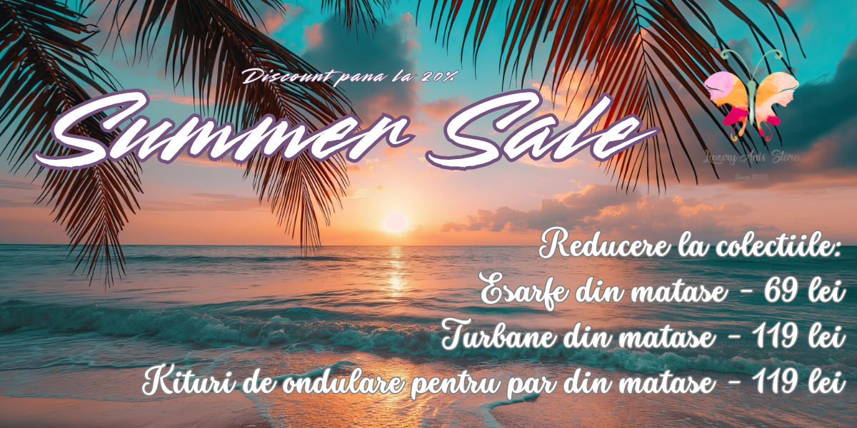 Summer Sale banner with tropical sunset, palm fronds, and white cursive text advertising up to 20% off, listing silk scarves and turbans with prices in lei (Romanian).