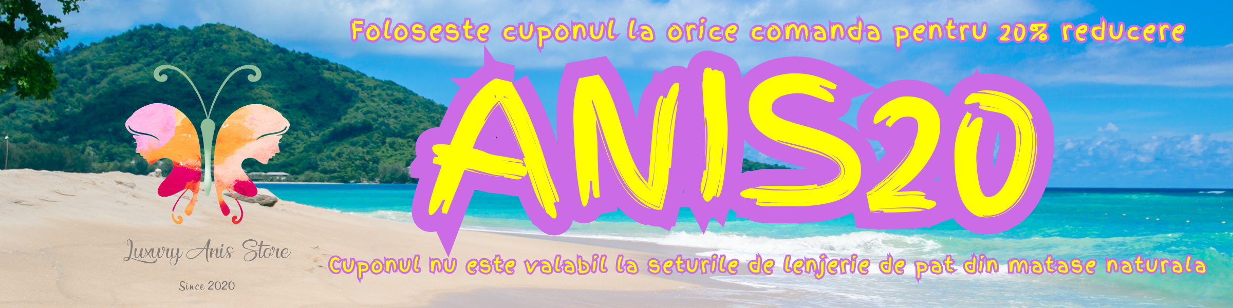 Promotional banner on a tropical beach: large purple-yellow 'ANISO20' text with a butterfly logo on the left, announcing 20% off.