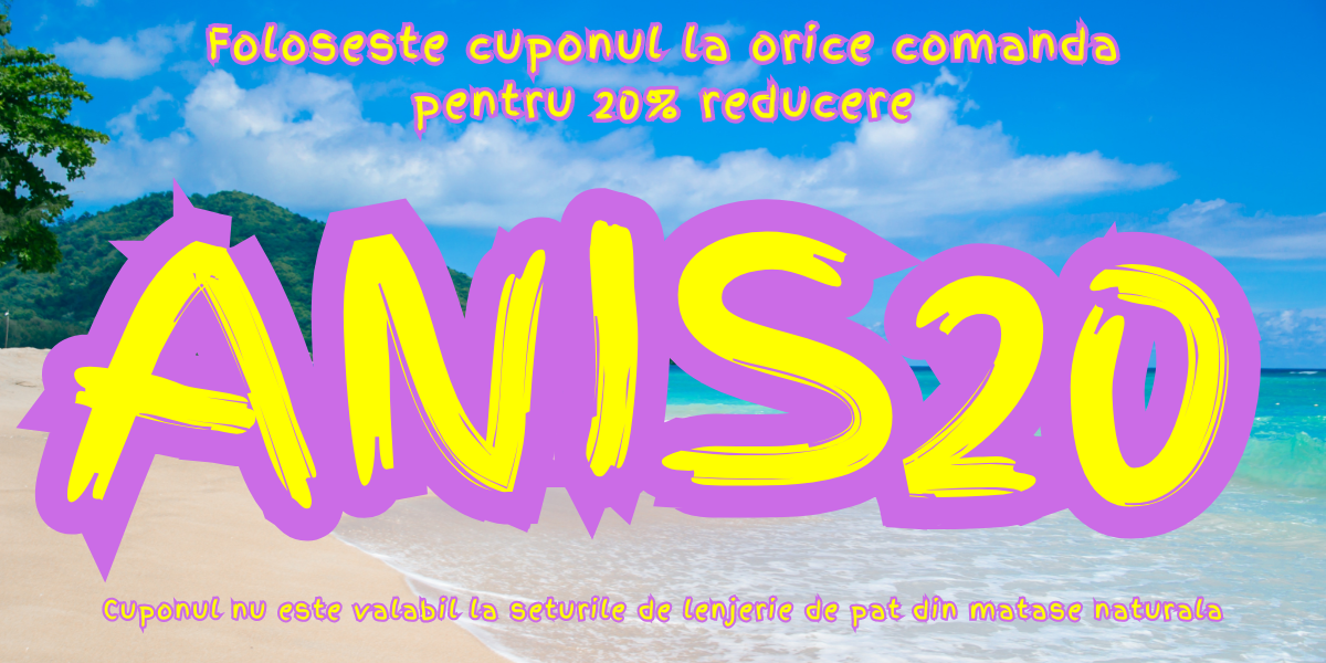 Banner promozional cu textul: Cod ANISO20 – 20% reducere la orice comandă; mențiune restricții incluse în marginele inferioare.