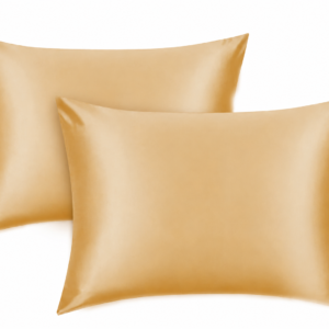 Two gold satin throw pillows overlapping on a white background