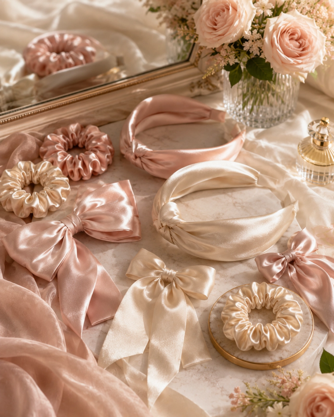 Soft pink satin hair accessories including bows, headbands, and scrunchies arranged on a marble surface with a bouquet in the background.