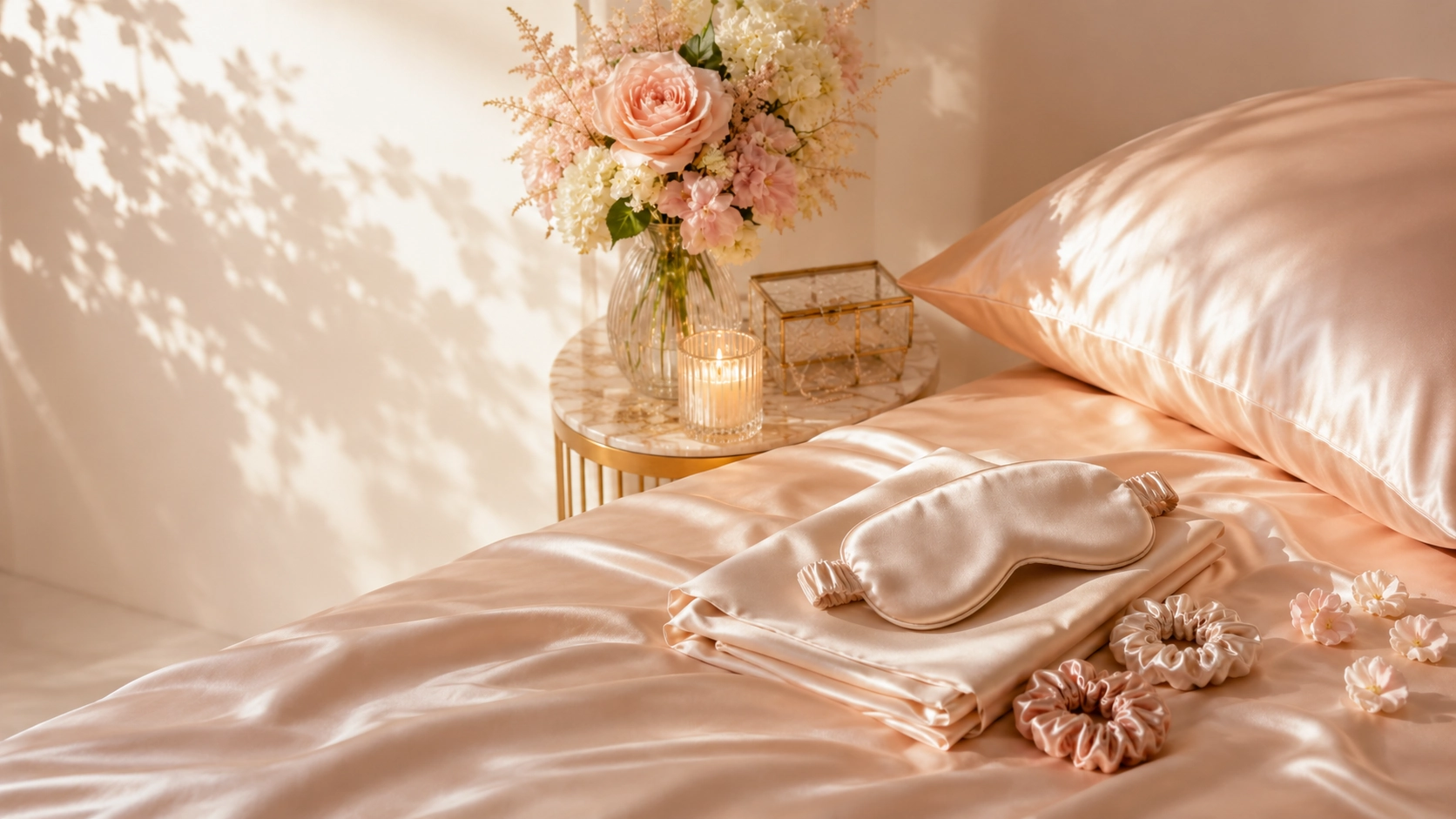 Peach satin bedding with a matching sleep mask, scrunchies, and a marble-topped nightstand holding a vase of pink flowers and a lit candle, creating a luxurious, calming bedroom scene.