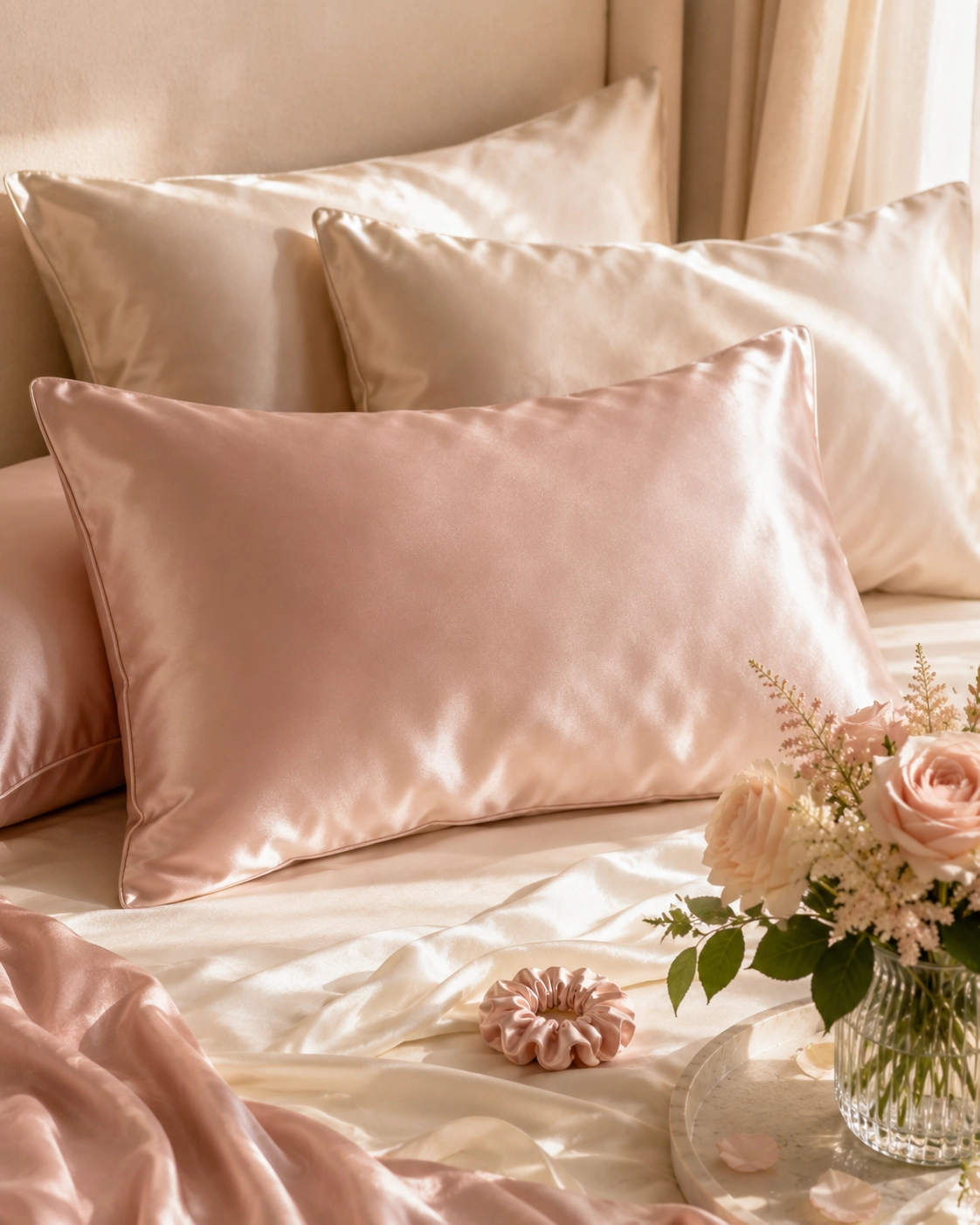 Blush pink satin pillows on a bed with a matching satin duvet and a vase of pink flowers nearby.