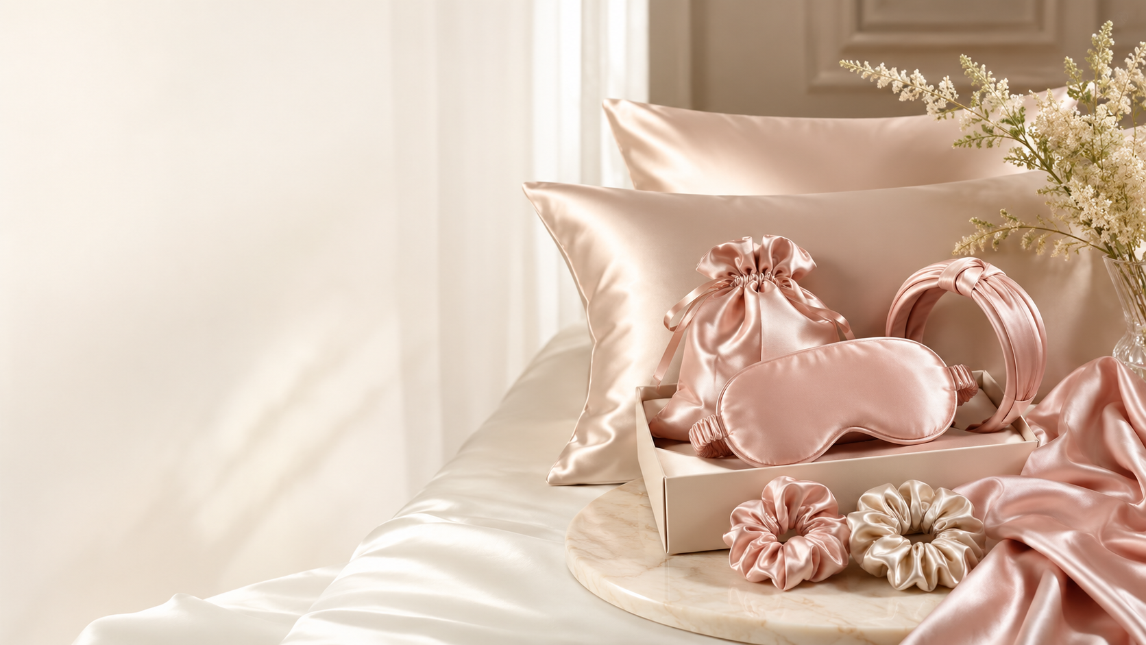Set of pink satin sleep accessories—eye mask, headband, and scrunchies—arranged on a box on a silky bedspread with soft pillows in the background.