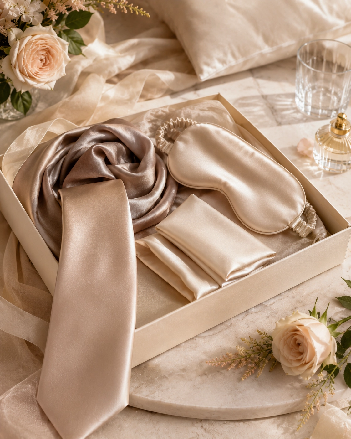 Beige satin sleep mask, silk scarf, and small pouch arranged in a cream gift box with blush roses nearby.