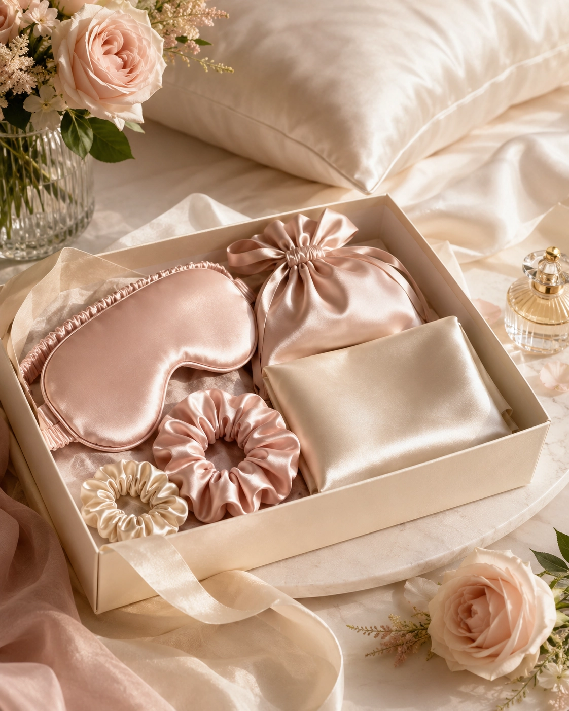 Open gift box containing pink satin sleep accessories: eye mask, scrunchies, and a small pouch, on a soft, romantic setting with roses nearby
