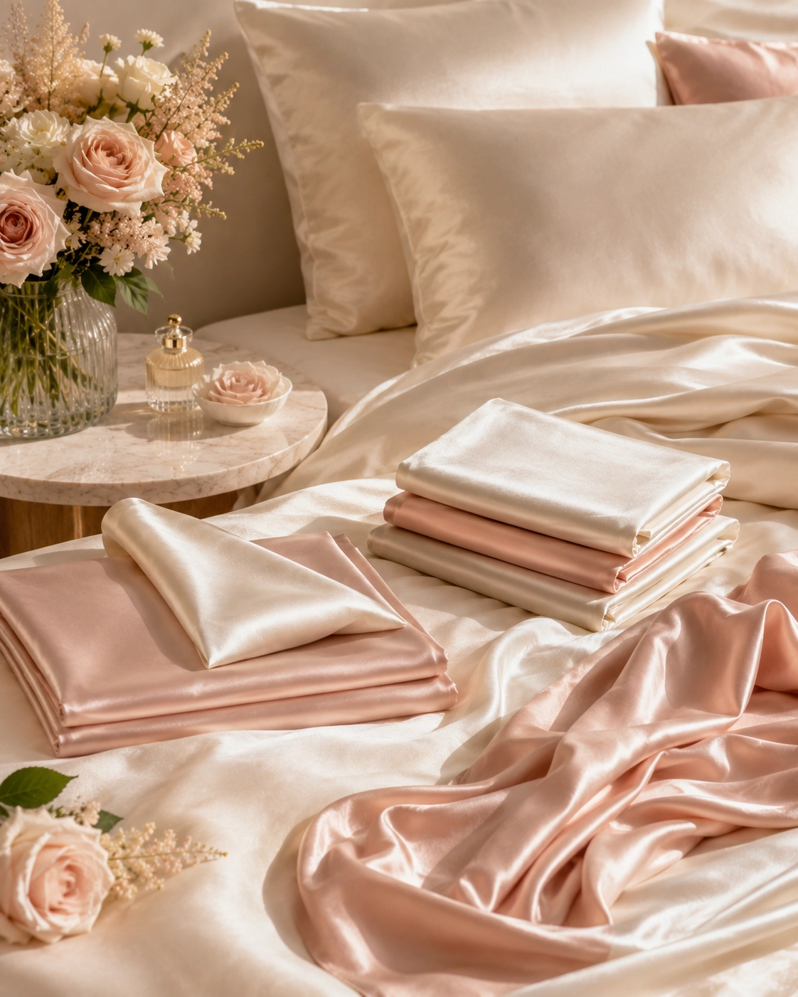 Bouquet of pale pink roses and cream flowers on a marble bedside table beside satin sheets on the bed.